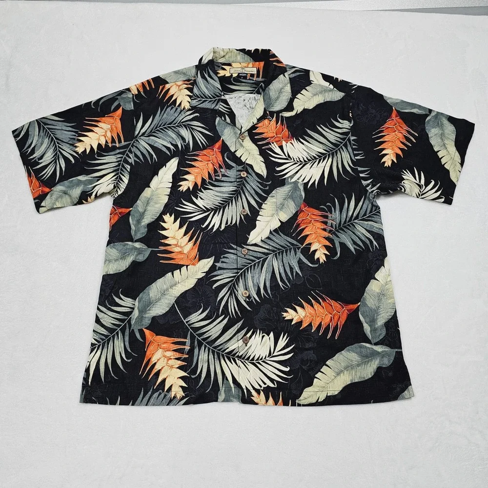 Tommy Bahama Button Up Mens L Black Orange Silk Tropical Palm Leaf Hawaiian